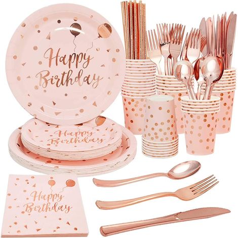Vaisselle de Fête Rose Gold pour 24 Personnes, Assiettes en Papier, Gobelets, Serviettes et Couverts Jetables (1/5)