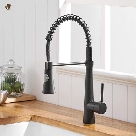 Robinet de cuisine à ressort spiralé, mitigeur d'évier rotatif 360°, robinetterie double fonction avec douchette extractible - Pression élevée (1/5)