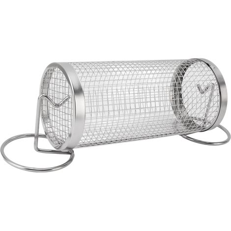 Cestello tubolare per barbecue su ruote, in acciaio inox, con gancio per forchetta, ideale per barbecue all'aperto e campeggio. (1/5)