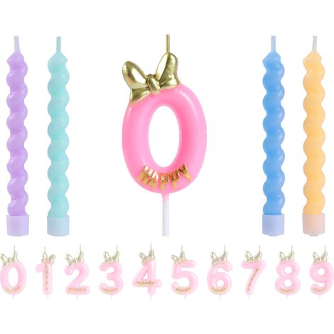 Bougie d'anniversaire rose 0 avec nœud papillon, bougie chiffre 0 avec 4 bougies en spirale macaron pour décoration de gâteau sur le thème de la souris (1/5)