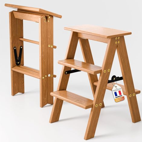 Escabeau 3 Marches Pliable, Tabouret Pliant en Bois, Chaise-échelle Pliante, escalier Robuste et antidérapant pour la Maison, la Cuisine et Le Bureau (Hêtre K1) (1/5)