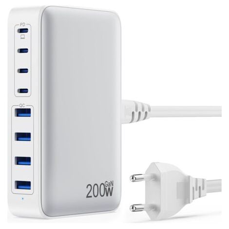 QORVA-200W Chargeur USB C, Chargeur Rapide avec GaN III Tech, 8 Ports PD QC PPS Prise Multiple, 65W Adaptateur Chargeur Laptop Compatible avec MacBook Pro