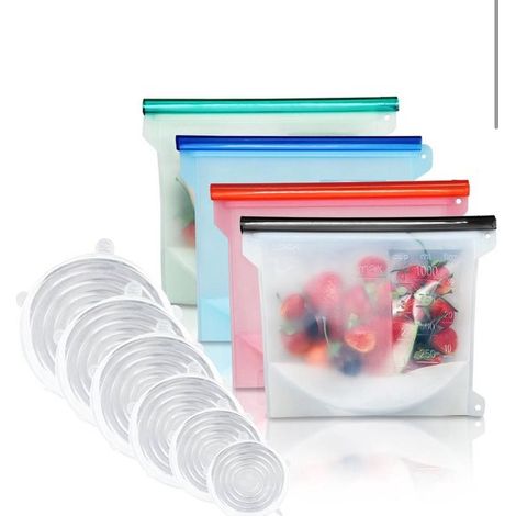 Couvercle en silicone - Sachets de conservation en silicone 1500 ml - Couvercles extensibles - Résistants à la congélation et à la chaleur - Préparation des repas - Sachet de conservation - Tasse à me (1/5)