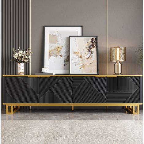 Meuble TV 160x37.5x48 cm noir en MDF avec portes géométriques et rangement (1/5)