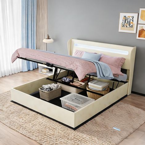 Tête de lit beige en tissu métal 200 x 160 x 156 cm (1/5)