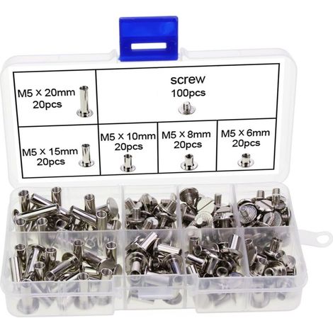 SABIR Lot de 200 vis de reliure et clous rivetés, 6 tailles, en métal, rond (1/5)