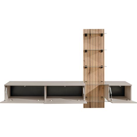 Ensemble meuble TV mural Luzz avec vitrine - Bois MDF gris argile et chêne Evoke - 220 x 160 x 40 cm - Livraison gratuite (1/5)