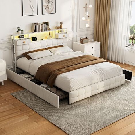 Letto matrimoniale - 160x200 - Velluto beige - 6 cassetti di stoccaggio - Testata letto LED RGB e porte USB/Type-C