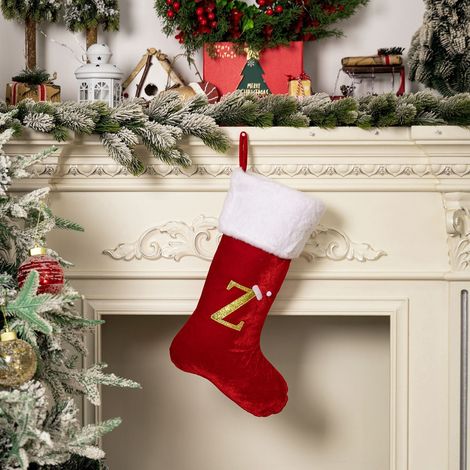 Chaussette De Noël - Velours Rouge - Lettre Personnalisée - Pour Décoration Intérieure - 1 Pièce (1/5)