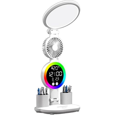 Lampe de bureau LED multifonctionnelle avec ventilateur, affichage numérique de l'heure et de la température, 3 réglages de température de couleur et (1/5)