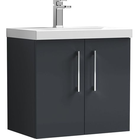 Balterley Modern Bathroom 2 Soft Close Door Wall Hung Vanity Unit & Rectangular Mid-Edge Basin, Dark Grey, 600 mm