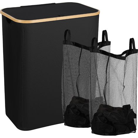 Jopassy Cesto per biancheria sottile con coperchio, 145L, salvaspazio, fodera in rete rimovibile, tessuto Oxford, manici in bambù, pieghevole, nero