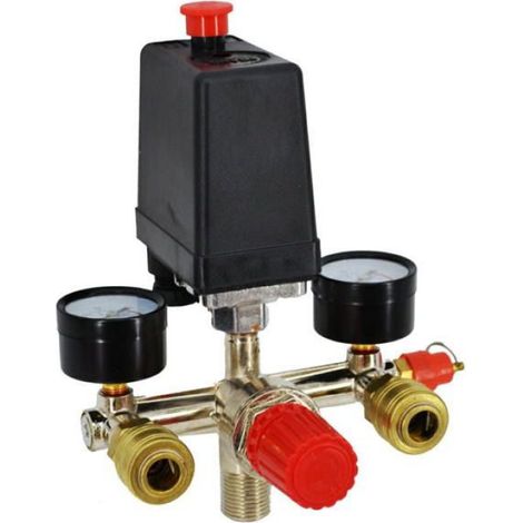 Pressostat Pour Compresseur - 230 V - 2 Entrées - 12 Bar Max - Manomètres PSI BAR - ON OFF - Réglage Vis - 3/4 Pouces (1/3)