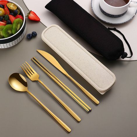 Ensemble de couverts portables en acier inoxydable 304 (doré), comprenant un couteau, une fourchette, une cuillère et un coffret de rangement. (1/5)