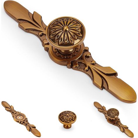 Lot de 2 boutons d'armoire de cuisine en laiton antique avec plaques, pour bureau, salle de bain, commode, tiroir, armoire (1/5)