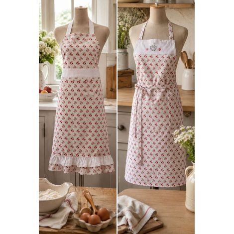Tablier de cuisine en coton – Bavette brodée cœur style campagne - 80x90cm - Rose (1/2)