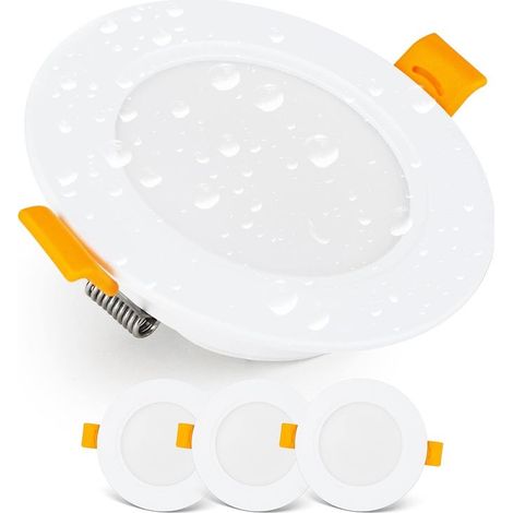 Spot LED Encastrable Downlight LED spots de plafond IP54 pour Salle de Bain, locaux humides, Blanc Froid 6000k Lot de 3 Spot LED Extra Plat Ronds 7 Watt (7W) / 700 Lumens, Blanc