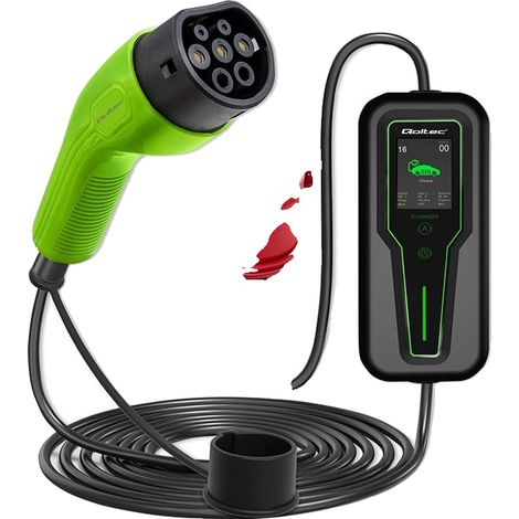 Chargeur mobile Qoltec pour véhicule électrique (VE) avec régulation 2 en 1 Type 2 11 kW Triphasé CEE 32 A Écran LCD Portable Boîtier mural 5 m (1/3)