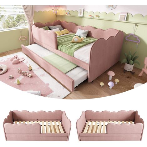 Lit banquette 90x190 cm en velours rose avec lit gigogne et sommier à lattes, sans matelas (1/5)
