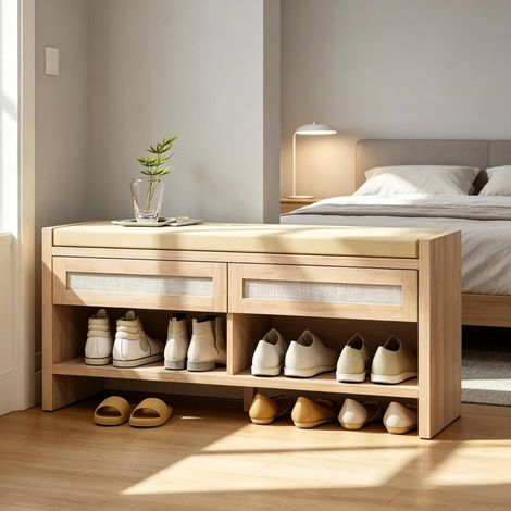 Schuhbank mit Sitzkissen, 2 PE-Rattan-Fächer und offene Ablage HAVRYA (1/5)