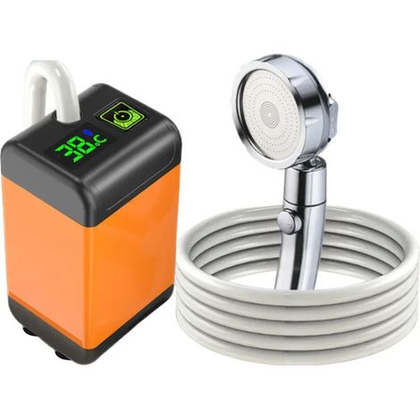 Douche de camping portable électrique avec pompe et affichage numérique (7800 mAh, thermomètre intégré), étanche IPX7, pour la plage et la randonnée. Idéale pour le camping, la plage et la randonnée. (1/4)