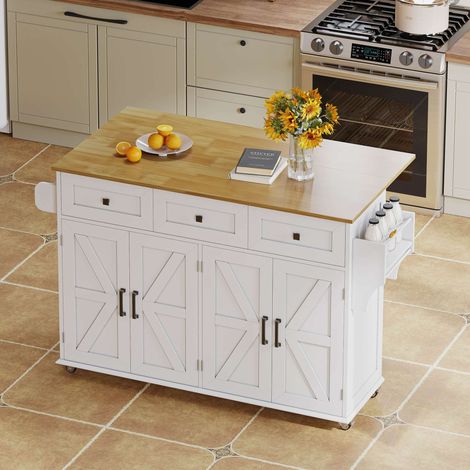 Îlot de cuisine 140 x 43(70) x 90,5 cm blanc, plateau rabattable, 4 portes, 3 tiroirs, roulettes, rangements (1/5)