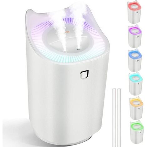 Luftbefeuchter fürs Schlafzimmer, USB-Luftbefeuchter (3 Liter) mit 7 LED-Farben und 2 Sprühdüsen, bis zu 24–48 Stunden Dauerbetrieb für Zuhause, Yoga und Büro