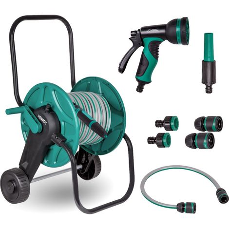 Vonroc – Chariot enrouleur tuyau d'arrosage 20M – 3 buses réglables – Raccords de robinet ¾” – Montage rapide en 1 clic – Pour nettoyage et arrosage