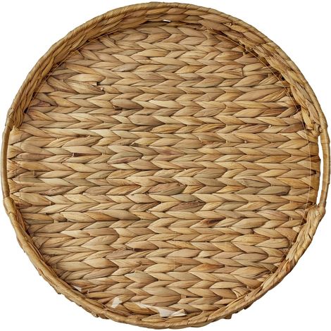 Plateau de service rond en jacinthe d'eau tissée de 40,6 cm avec insert en acrylique amovible, plateau décoratif en fibre pour table basse, salon, îlot de cuisine, facile à nettoyer (1/5)
