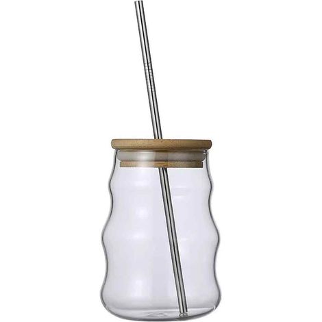 4 Verres côtelés 50cl avec couvercles bambou et pailles, gobelets réutilisables vintage pour café glacé jus lait bière (1/5)