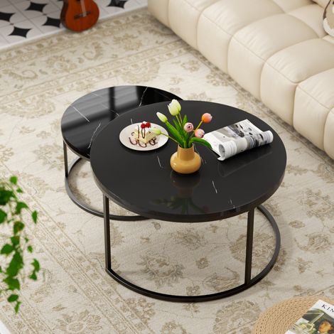 Table basse 80x80 cm et 60x60 cm noire en MDF effet marbre avec structure métallique, design gain de place (1/5)
