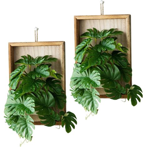 Décor mural de plante 2pcs Rrealistic Faux Monstera Feuilles dans des cadres en bois massif plantes murales décor artificielles de fausses plantes murales rustiques pour salle de bains de la ferme Be (1/5)