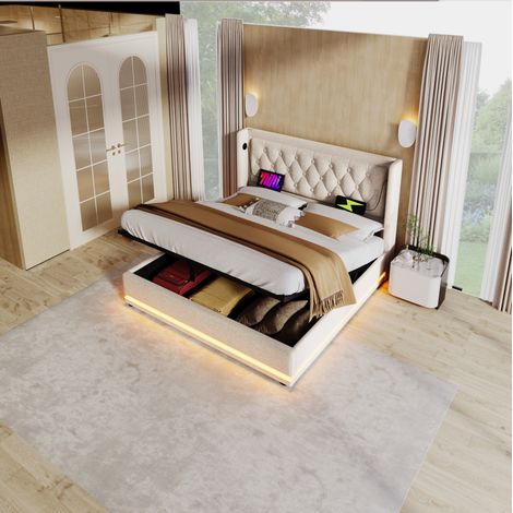 Lit coffre en coton beige 180x200 cm avec LED 3 faces, tête de lit capitonnée et ports USB/Type-C (1/5)