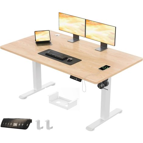 Bureau réglable en hauteur électrique 160 x 80 cm, plateau en 4 parties, beige (1/5)