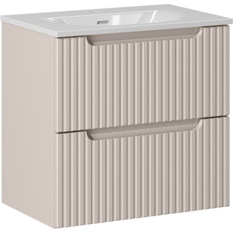 Ensemble de salle de bain VANO cachemire et blanc 60cm : meuble sous vasque à tiroirs rainuré verticalement + vasque encastrée (1/5)