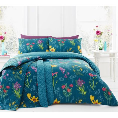 Housse de Couette Florale Bleu Sarcelle 260 x 220 cm 2 taies d'oreiller Design réversible Parure de lit Bleu Sarcelle avec Fleurs Parure de lit botanique en Bleu Sarcelle (1/5)