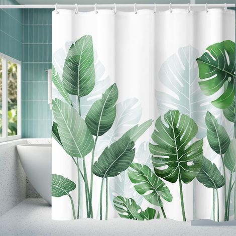 Rideau de Douche Anti,moisissure180x200cm,Polyester,avec Anneaux,Rideaux de Douche,Shower Curtain,Motif Feuilles Tropicales ,Tissu Lavable en Machine (1/5)