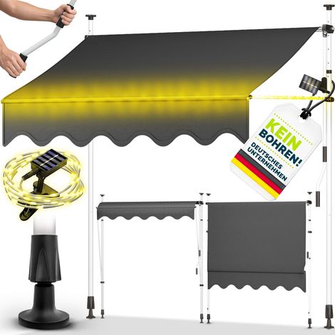 tillvex Klemmmarkise 300 cm Grau mit LED mit Handkurbel Balkon Balkonmarkise ohne Bohren Markise UV-beständig & höhenverstellbar Sonnenschutz wasserdicht