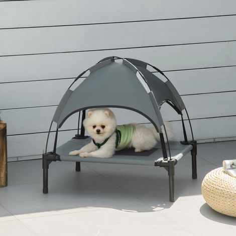 Chaise longue pour chien extérieure avec toit,lit surélevé avec baldaquin,tissu taffetas respirant,gris,61x46x62cm pour le confort extérieur