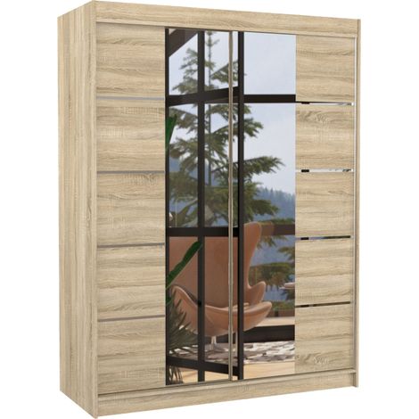 Armoire de chambre 2 portes coulissantes bois clair et miroir Norka 150cm (1/5)