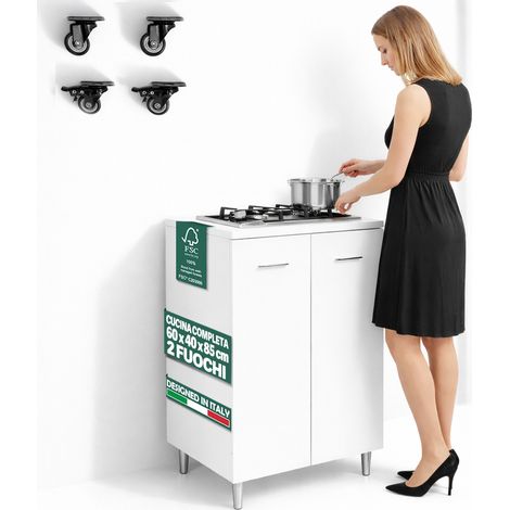 Cucina Completa 60x40x85cm Bianco Piano Cottura 2 Fuochi con Piastre in Ghisa