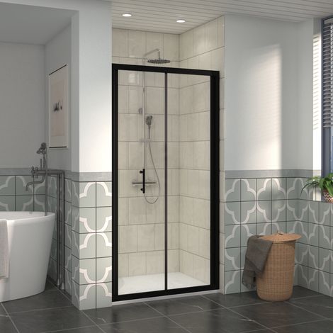 NRG 1000mm Bathroom Bi- Fold Shower Door Black Framed with 1000x1000mm SMC Square Shower Tray White (1/5)