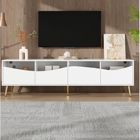 Mobile TV Moderno (180x40x50 cm) con LED, Corpo Bianco, Piedi Dorati, Fronte in Vetro, Soggiorno (1/5)