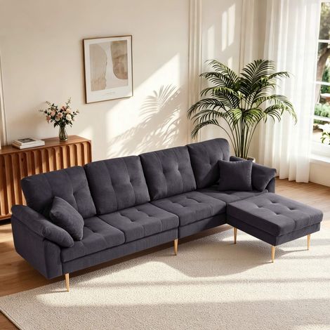 Sofa 4-Sitzer 250 cm aus Cord in Dunkelgrau mit flexiblem Hocker und Eisenfüßen (1/5)