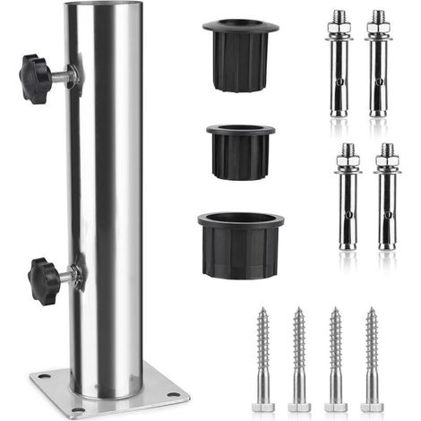 Tube Parasol, Pied de Parasol, Support Parasol en Acier Inoxydable Réglable avec 3 Anneaux de Réduction en PVC (32/38/48mm), Pied pour Parasol avec 8 Clous en Acier (1/4)