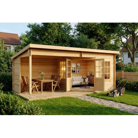 Alpholz Gartenhaus aus Holz, Holzhaus mit 28 mm Wandstärke inklusive Terrasse Blockbohlenhaus (1/4)