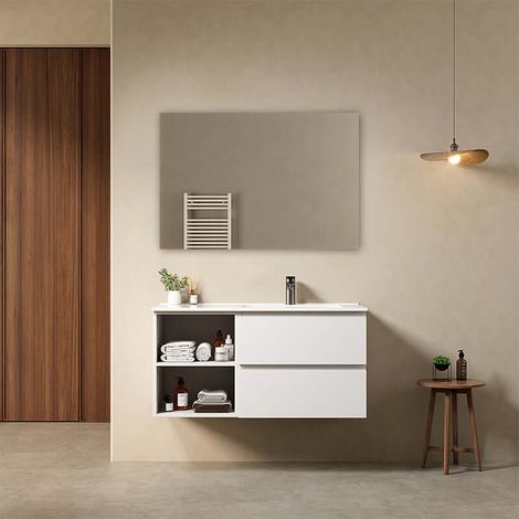 Mobile bagno sospeso 100 cm Bianco Opaco Lavabo a Destra in Ceramica Specchio Quadro - Fiji Paint Plus