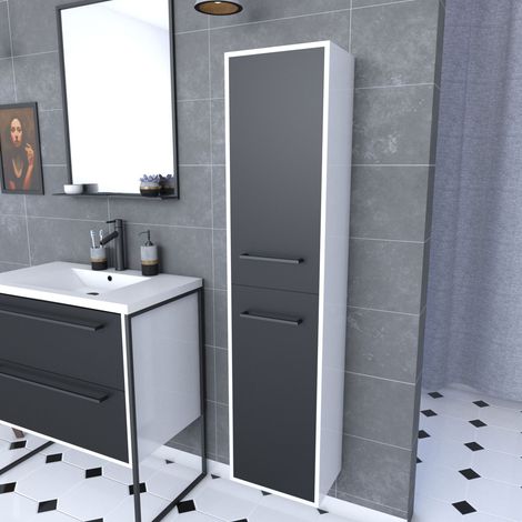 30x35x150 cm Colonna da bagno bianca con 2 porte e maniglie Tappetino nero - StructureTura P026