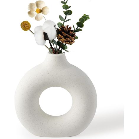 Vase Décoratif, Donut Vase Blanc avec Herbe de Pampa, Vase Fleur Rond Moderne pour Fleurs Séchées, Idéal pour Décoration Salon, Chambre, Bureau, (S, 14.5cm) (1/5)