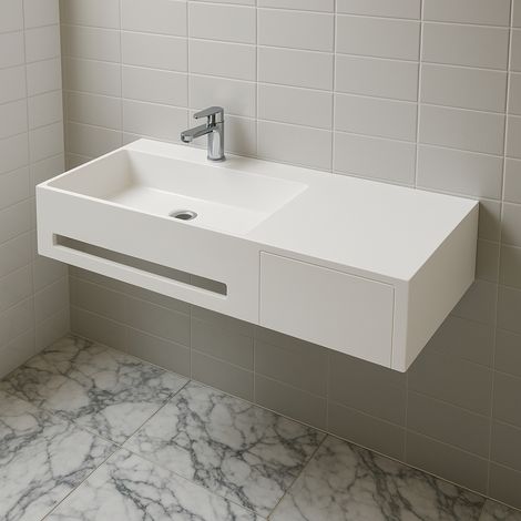 Lavabo in artificial stone bianco opaco matt modello alex sospeso con porta salviette confezione 1 (1/5)